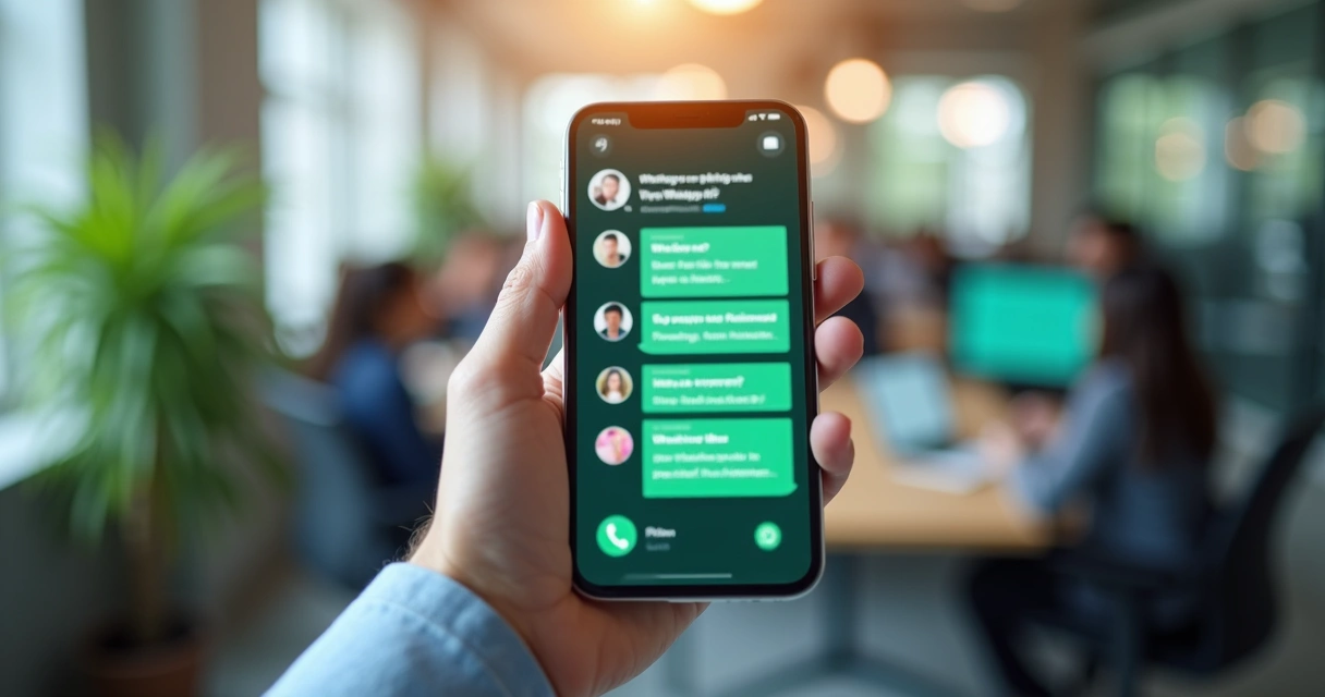 Tela de smartphone com conversa via WhatsApp mostrando interações automatizadas por IA, ao fundo escritório moderno e tecnologia digital integrada